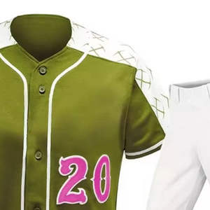 Uniforme de baseball personnalisé en polyester vert olive - Maillot professionnel entièrement boutonné avec manches à motifs et ensemble de pantalon blanc (unisexe) - Product Image 2