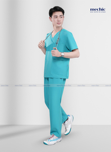 Ensemble de blouses médicales vert menthe pour hommes, col en V, manches courtes, uniforme d'hôpital, pantalon en polyester et rayonne tissé inclus - Product Image 3