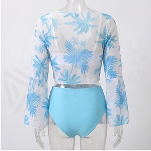 Women's Blue Palm Print 2 Piece Tankini <b>Set</b> Deep V Neck Twist Top With Ruched <b>Skirt</b> Stretch Swimwear - Product Image 2