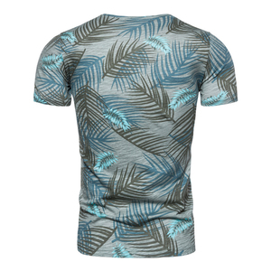 Men's Slim Fit Short Sleeve T-Shirt With Blue Palm <b>Leaf</b> Print O-Neck Casual Breathable Knitted Polyester Top - Product Image 6