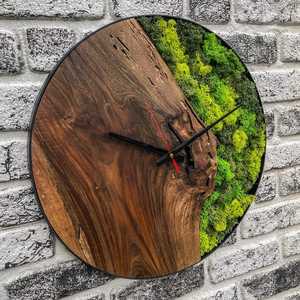 Handmade Wooden Clock Natural Preserved Moss Wall Clock Unique Olive Wood Frame Eco-Friendly Custom Modern Design - Product Image 2