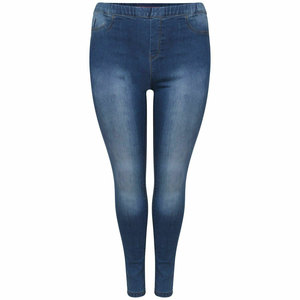 Jeans de Cintura Alta para Mujer, Talla Grande, Corte Ajustado, Lavado Medio, Algodón y Elastano, Cintura Elástica, Estilo Casual, Azul Sólido - Product Image 6
