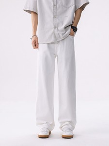 <b>Men's</b> <b>White</b> Cotton Oxford Casual Pants Straight Fit Mid Waist Button Closure Lightweight Breathable Summer Wear - Product Image 4