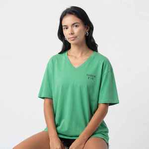 Women's Olive Green V-Neck Short Sleeve T-Shirt Loose Fit 100% Cotton Casual Jersey Logo <b>Top</b> - Product Image 5