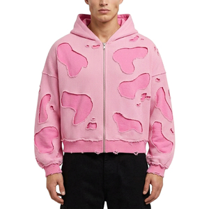 Men High Street Distressed Cropped Hoodie Pink Double Layer Waffle Knit <b>Zip</b> <b>Up</b> Cow Print Patchwork Frayed Custom Streetwear - Product Image 6