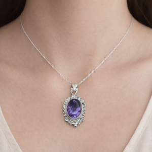 Natural Amethyst 925 Sterling Silver Handmade Vintage Oval Pendant <b>Necklace</b> Boho <b>Statement</b> Jewelry Gift For Women - Product Image 2