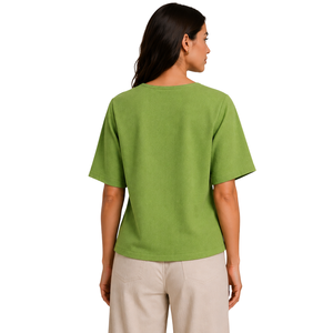 เสื้อคลุมปักลายสีเขียวมะกอกสำหรับผู้หญิง แขนสั้น คอวี ผูกเอว เสื้อเชิ้ตลำลอง สั่งทำโลโก้ได้ ขายส่ง เสื้อแฟชั่นจากผู้ผลิต - Product Image 2