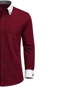Chemise habillée rouge ajustée sur mesure pour homme, manches longues, boutonnée, col et poignets contrastants, formelle et décontractée, pour le bureau, en mélange de coton, OEM - Product Image 6