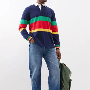 Men's Long Sleeve Color Blocked Rugby <b>Polo</b> <b>Shirt</b> Striped Knitted Casual Style Navy Green <b>Red</b> Yellow Cuff Detail - Product Image 3