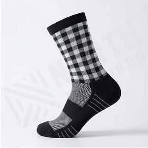 Crew <b>Socks</b> Plaid Pattern <b>Black</b> White Breathable Running Athletic <b>Socks</b> for Adults Autumn Wear - Product Image 1