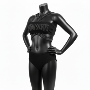 Conjunto de Bikini Negro Premium para Mujer, en Nylon y Spandex, con Tiras Cruzadas, Panel con Pedrería y Logotipo Personalizado - Product Image 4