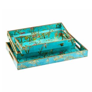 Ensemble de plateaux de service rectangulaires en bois moderne avec motif floral et bordure plaquée or pour la maison, la salle à manger, le bureau - Product Image 2