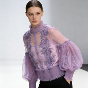 Oferta especial en Temu: Blusa elegante de encaje morado con bordado y malla para mujer, cuello alto, manga abullonada, top transparente. - Product Image 3