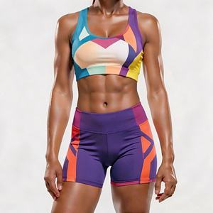 Conjunto de Yoga de 2 Piezas con Bloques de Color, Shorts de Cintura Alta y Top Corto con Espalda Cruzada, Transpirable, de Spandex y Poliéster - Product Image 1