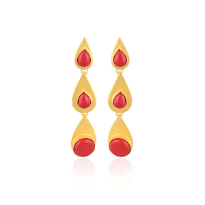Natural <b>Red</b> Coral Brass Gold Plated Bezel Setting <b>Drop</b> <b>Earrings</b> Trendy Handmade Jewelry Shilpi Impex for Women - Product Image 1