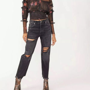 Jean déchiré Y2K ample en denim délavé avec broderie et logo personnalisé pour femme – Coupe droite - Product Image 4