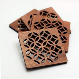 Handmade <b>Walnut</b> Wood Laser Cut Coaster Set with Holder | Decorative Square Wooden Drink Coasters for <b>Coffee</b> <b>Table</b> & Home Decor - Product Image 2
