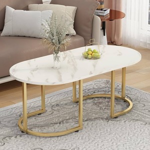 Mesa de Centro Ovalada de Estilo Moderno con Aspecto de Mármol Antiguo y Estructura Metálica para Sala de Estar, por KS International - Product Image 2