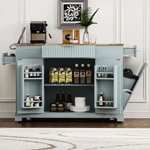 Isola da Cucina con Presa di Corrente, Contenitore per Rifiuti, Armadietto con 5 Ruote e Scaffale Interno, Isole e Carrelli da Cucina Scanalati - Product Image 3