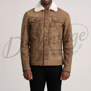 Chaqueta de Cuero Estilo Trucker para Hombre, Vintage, Desgastada, Color Bronceado, con Cuello de Sherpa Blanco, Abrigo de Cuero Casual para Invierno - Product Image 3