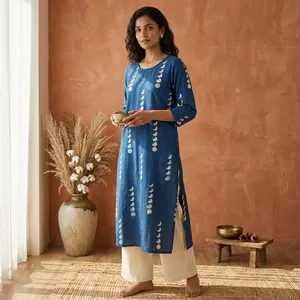 Kurti droit imprimé en coton bleu pour femme, col rond, manches trois quarts, tunique ethnique décontractée confortable pour tous les jours - Product Image 4