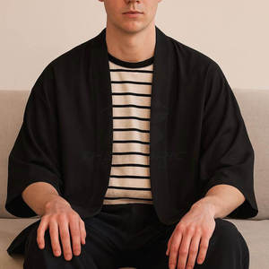 <b>Men's</b> Black Oversized <b>Kimono</b> <b>Jacket</b> Casual Full Sleeve Print Eco-Friendly Sporty Poplin Shirt Autumn Wear - Product Image 4
