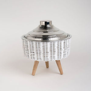 Stainless Steel Casserole <b>food</b> warmer chafing <b>food</b> <b>heater</b> Dish With Woven White Exterior And Wooden Legs Round <b>Food</b> Warmer - Product Image 5