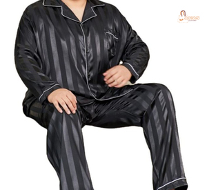 Nightwear Knitted Soft Summer Lapel Collar Long Sleeve Pants <b>Cardigan</b> Pajamas Room Lounge Wear for Fat Men - Product Image 1