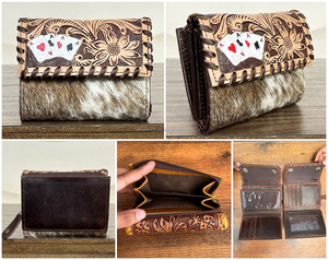 Genuine Cowhide & Tooled Leather Trim Lady's <b>Wallet</b> Hot Sale Western Leather Tri-Fold Aces <b>Wallet</b> Card Holder Organizer <b>Wallets</b> - Product Image 3