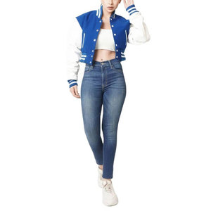 Women Varsity <b>Jacket</b> Blue <b>White</b> Contrast Color Full Sleeve Button Closure Turn-down Collar <b>Short</b> Length Woven Polyester Cotton - Product Image 1