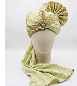 Turban en soie jaune de créateur avec perles Kalgi, Safa indien traditionnel pour homme, couvre-chef de mariage - Product Image 2