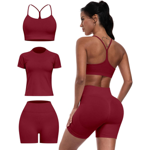 <b>Blue</b> 3 Piece Yoga Set Racerback Sports <b>Bra</b> Crop Top High Waist Shorts Seamless Activewear Solid Color Breathable Workout Wear - Product Image 4