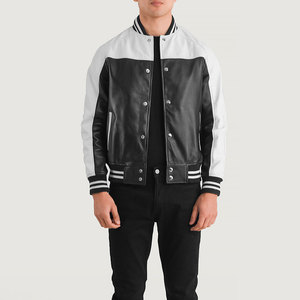 Chaqueta Bomber de Cuero PU para Hombre, Color Negro y Blanco, Cuello Camisero, Cierre de Botones, Estilo Casual para Otoño - Product Image 6
