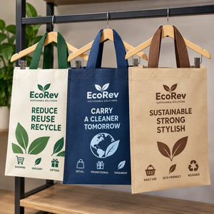 Bolsa de tela reutilizable EcoRev con logotipo personalizado, diseño de hojas, serigrafía, asa larga para compras y negocios (ECO55) - Product Image 6