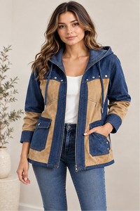 Denim Hooded Jacket for Women Blue Tan Vintage Winter Utility Jacket Contrast Panels Zip Front Casual Distressed Wash - Product Image 5