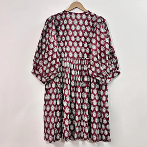 Vestido Midi Casual para Mujer, 100% Algodón Tejido, Estampado Floral, Liso, Mangas Abullonadas, Cintura Imperio, Estilo Babydoll, Cuello en V, Talla Grande - Product Image 4