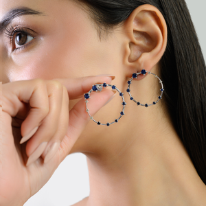 Pendientes de Aro Minimalistas de Plata de Ley 925 con Círculo Abierto, Zafiro Azul Natural Redondo y Diamantes Redondos para Mujer, Venta al por Mayor - Product Image 4