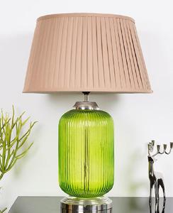 Modern Green Glass Table Lamp with Brown Fabric Drum Shade E27 LED Warm White <b>Light</b> for Living Room Decor - Product Image 2