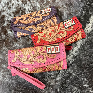 2026 New Hot Selling Floral Hand Tooled Leather Clutch for Women's Cowhide Fur Leather Card Holder Luxury Wristlet Wallet <b>Purses</b> - Product Image 5