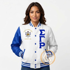 Sigma Gamma Rho Satin Embroidered Quilted Windproof <b>Waterproof</b> Varsity <b>Jacket</b> Front Stand Button Closure Sorority High Quality - Product Image 5