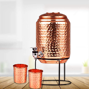 Réservoir d'eau en cuivre pur martelé avec couvercle, 2 verres et support, étanche, pour usage domestique - Product Image 1
