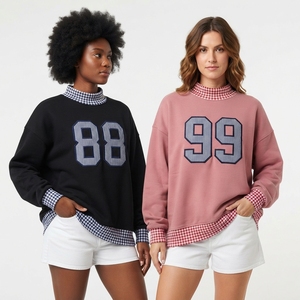 Sudadera Oversize de Cuello Redondo para Mujer, Color Rosa, Número 79, con Ribete a Cuadros, Manga Larga, Estilo Casual, con Logotipo Personalizado - Product Image 6