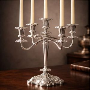 Elegant 5-Arm Silver Metal Candelabra Centerpiece with Glass for Wedding Decor Luxury Candle Holder <b>Table</b> Stand Candle Holder - Product Image 2