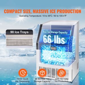 Macchina Professionale per Produzione Ghiaccio a Cubetti, 90 Cubetti in 12-15 Minuti, Capacità 66 lbs, Attrezzatura per Lavorazione Alimenti - Product Image 2