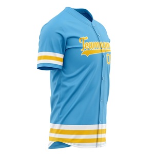 เสื้อเบสบอลแบบกำหนดเอง สีฟ้าอ่อน สีเหลือง สีขาว ลายทาง กระดุมหน้า สำหรับผู้ใหญ่ทั้งชายและหญิง พิมพ์ชื่อทีมและหมายเลข ชุดกีฬา - Product Image 2