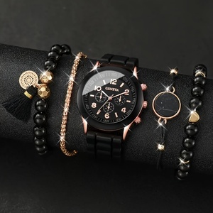 NW1340 5pcs Set <b>Black</b> Quartz <b>Watches</b> for Women Fashionable Silicone Strap Woman <b>Watch</b> Jewelry Set - Product Image 2