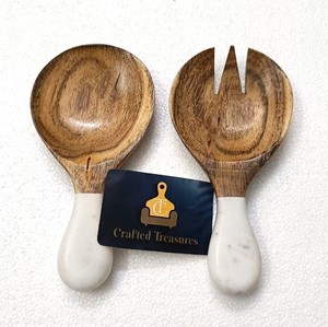 Ensemble de saladiers en bois d'acacia naturel avec manche en marbre, cuillère et fourchette, décoration pour la maison, ustensiles de cuisine au meilleur prix - Product Image 3