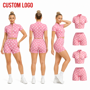 Low MOQ Women <b>2</b> <b>Piece</b> <b>White</b> Polka Dot Matching Set Short Sleeve Zipper Crop Top Biker Shorts Activewear Yoga Set - Product Image 2