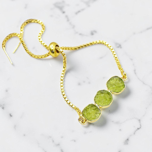 Handmade Raw Peridot Brass Gold Plated Three Stone Rough <b>Gemstone</b> <b>Bracelet</b> Minimalist Boho Jewelry Birthstones - Product Image 1