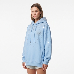 Sweat à capuche en coton pour femme avec strass étincelants, doublure tricotée, coupe oversize, bleu clair, mode hiver, streetwear décontracté, pull - Product Image 3